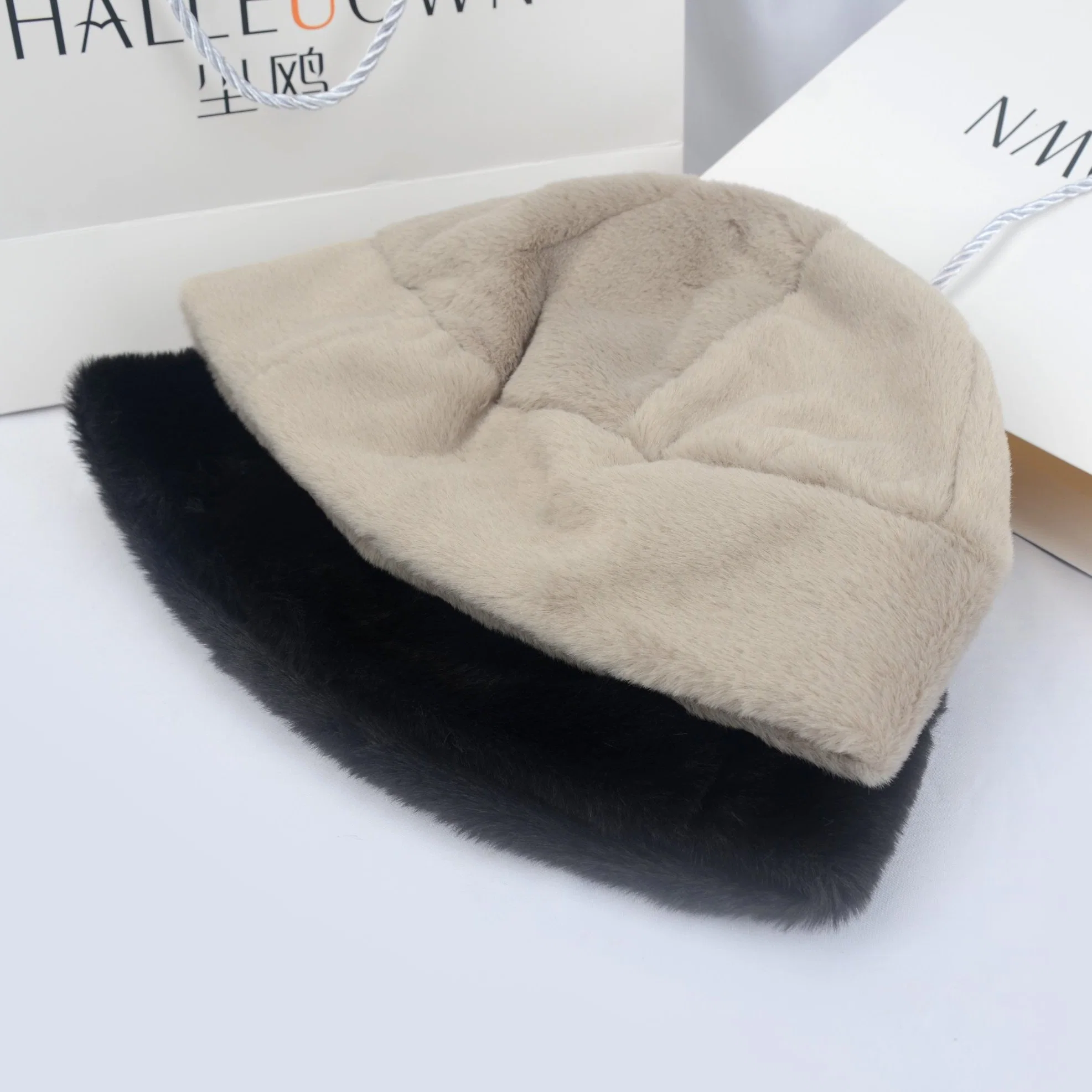 Soft Faux Fur Women's Natural Turn-up Brim Logo Beanie