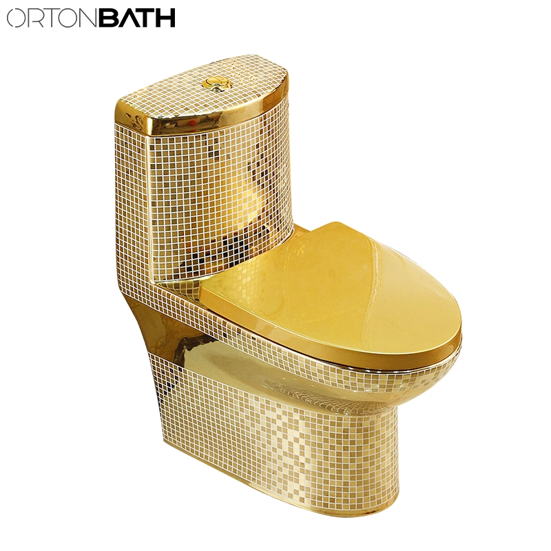 Ortonbath Water Saving Electroplating Wash Down Gold Bathroom Commode Set Floor Standing One Wc Toilet with Seat Cover Bowl Accessories