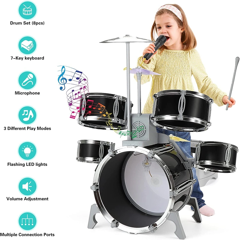 Kids Educational Musical Instrument Kit Gifts Toy Jazz Drum with Light Sound Compatible Mobile Phone/Computer/MP3 Musical Playset Microphone