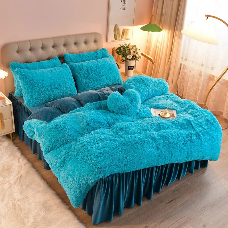 High quality/High cost performance  Winter Warm Fleece Blanket Mink Quilt with Pillow Sham Blue Comforter Duvet Cover Home Textile Bed Sheet Bed Linen Bedding Set