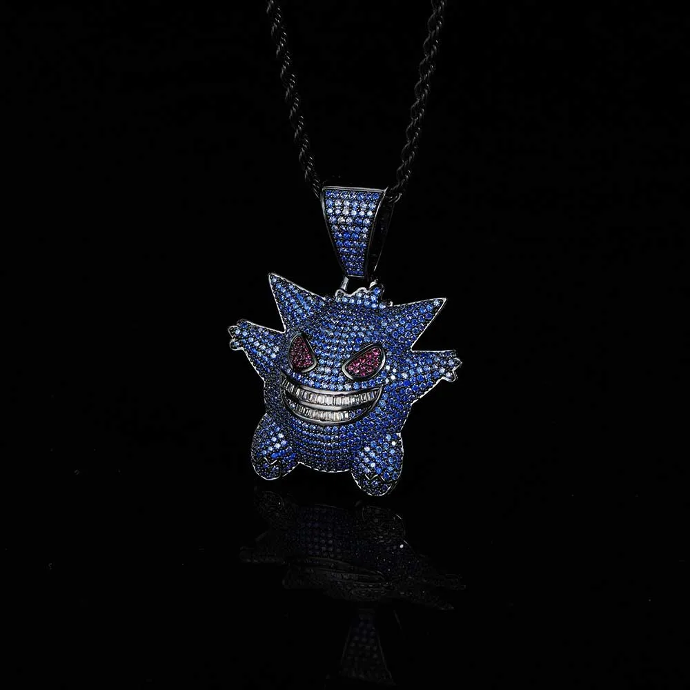 European and American Ins Full Zircon Purple Ghost Pendant Necklace Hiphop Cartoon Character Sweater Chain Fashionable Brand Accessories