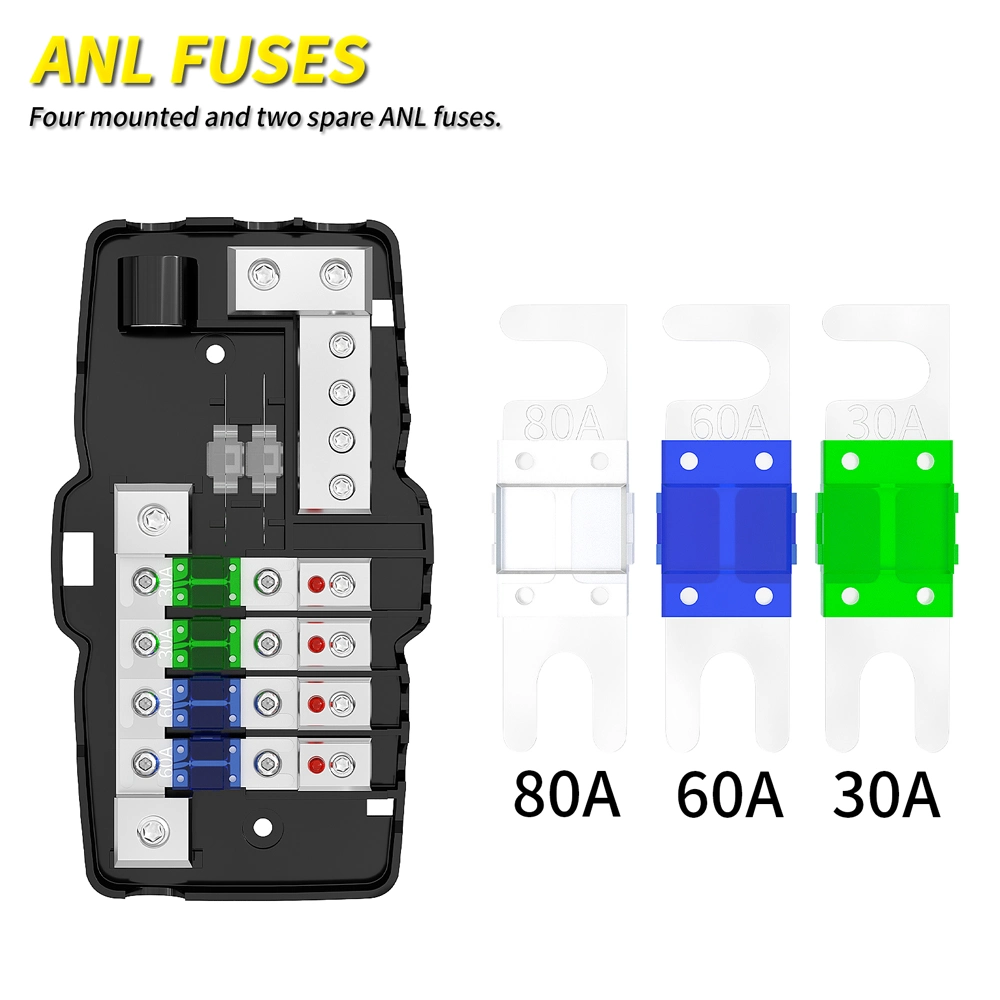 Fused Power Distribution Block Car Audio 4 Way MIDI (Mini-ANL) Fuse Block 12V 0/4 Gauge with Ground for Auto UTV Boat Stereo AMP