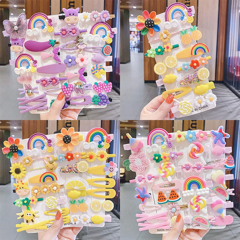 14PCS Candy Color Children Baby Cartoon Flower Fruit Hairpins Set Girls Lovely Gift Hair Clips Kid Hair Accessories