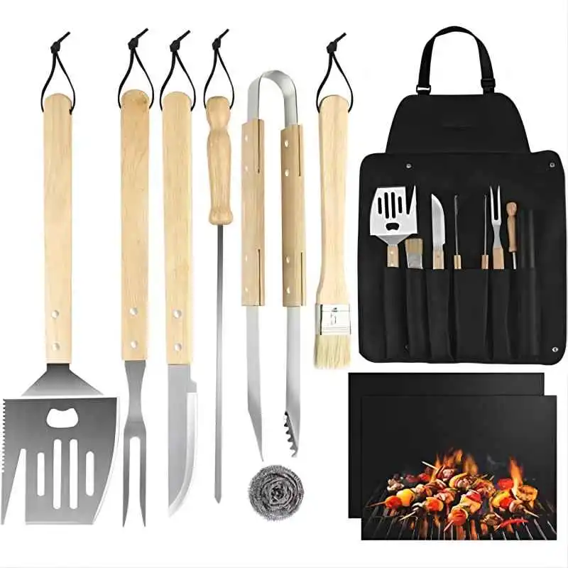 Barbecue Accessory Set of 10 Stainless Steel Tool Kit with Wood Handle