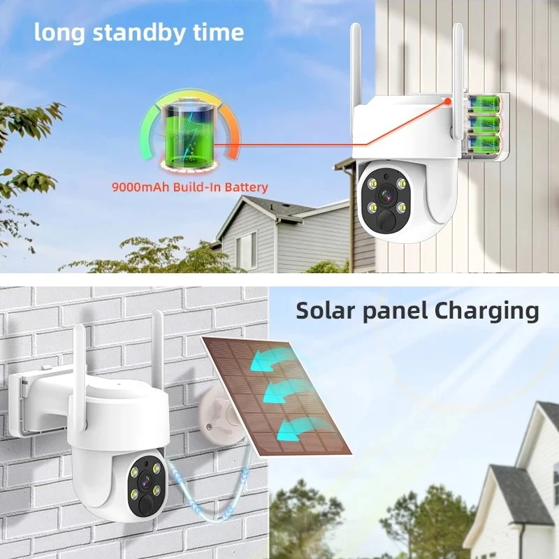 Wireless CCTV IP Camera Dome PTZ Battery Powered Home Security WiFi Solar Cameras with Color Night Vision