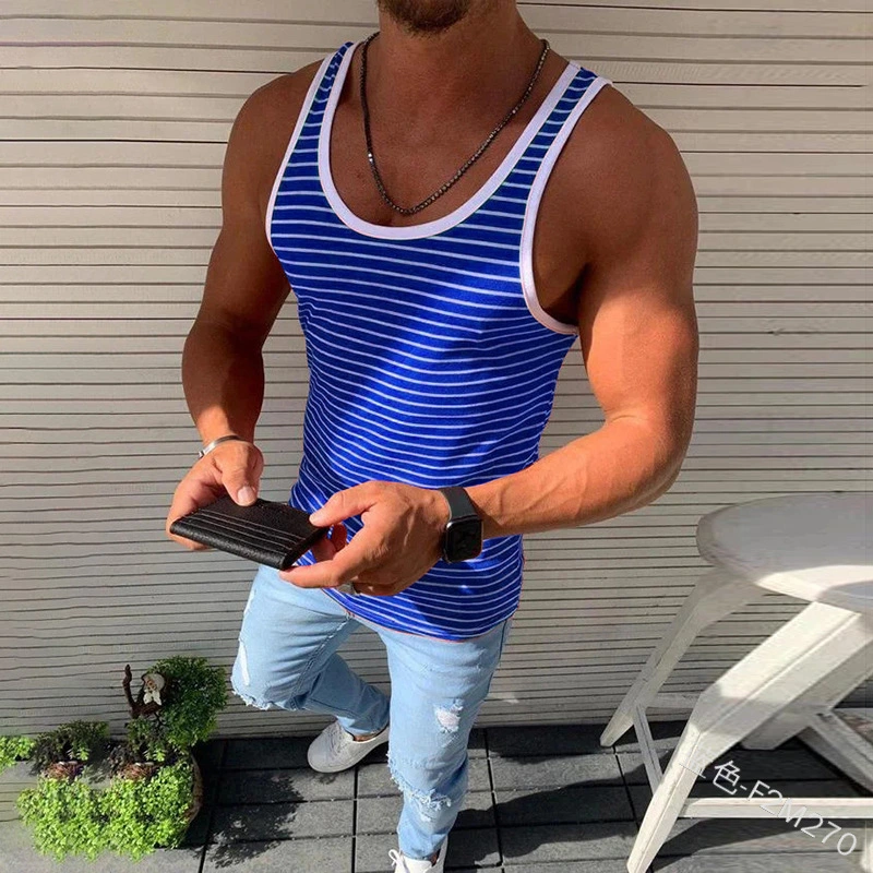 Fashion Striped Sports Men's Slim U-Neck Spring New Multi-Color Casual Top Vest Clothing