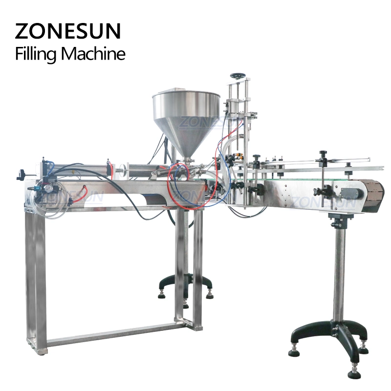 Zonesun Semi Automatic Honey Oil Oyster Sauce Milk Liquor Skin Lotion Hand Sanitizer Shampoo Pneumatic Piston Paste Filling Machine with Conveyor