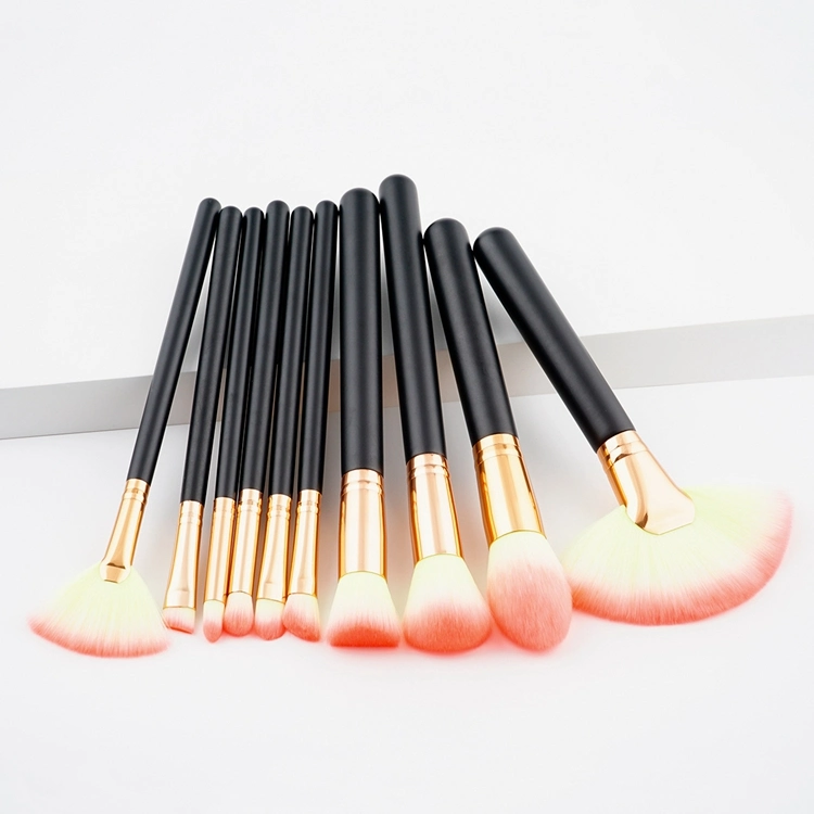 Herramientas de belleza maquillaje de alta calidad 10pcs Fan-Shaped Gran Juego de cepillos de mango de madera negra de tubo de Oro 5 cepillos cosméticos estilos para elegir