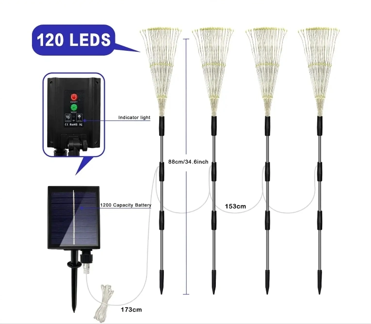 Lumières solaires extérieures de jardin, lampe de feu d'artifice de jardin étanche à LED avec télécommande, lumières décoratives de piquet de paysage