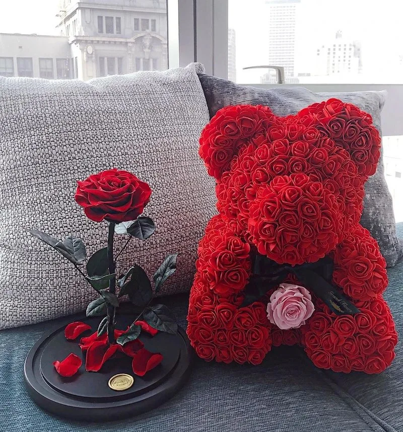 Beau design rouge préservé de Noël fait Main St Valentin cadeau PE Rose Bear 25cm