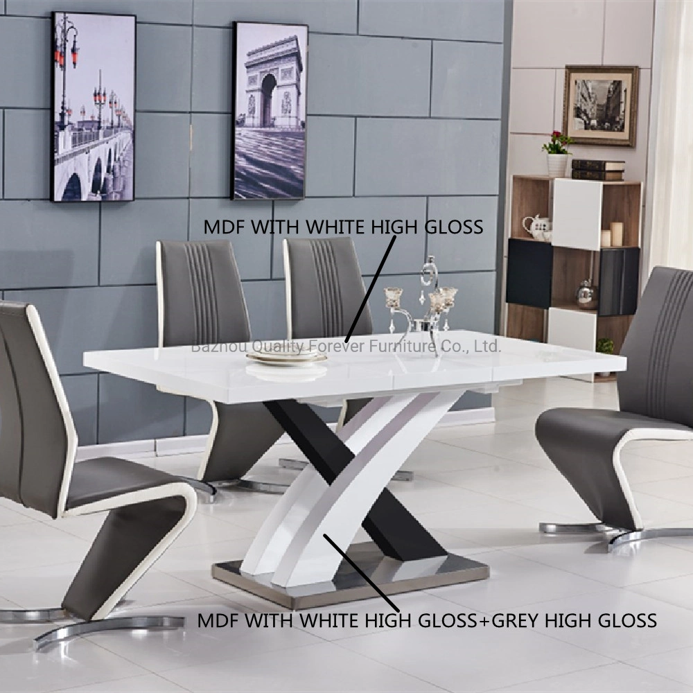 High quality/High cost performance Restaurant Hotel Wholesale/Supplier Modern Extendable MDF Top Stainless Steel Black White 6/8 Seat Dining Table