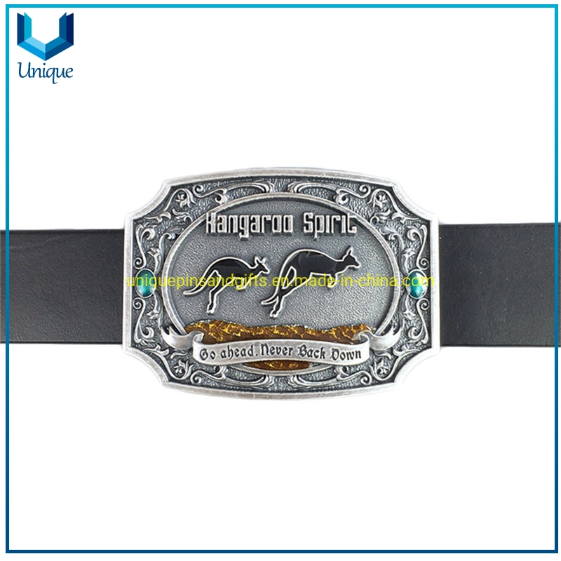 Custom Austrália Kangaroo Metal Buckle, Antique Silver 3D Belt Buckle em alta qualidade