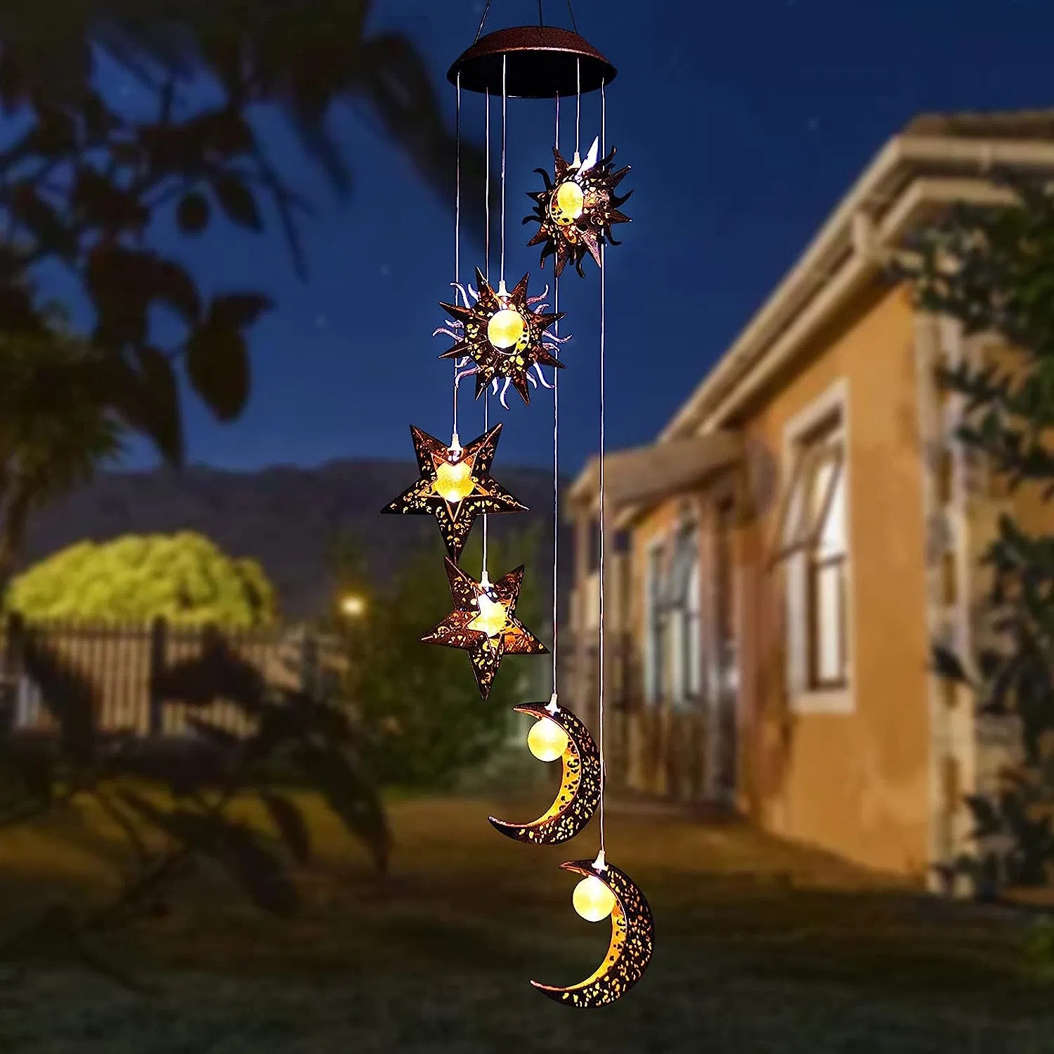 Outdoor Solar Lights Windchimes Waterproof Hanging Decorations Gifts for Garden Patio Birthday Thanksgiving Home Party Solar Moon Wind Chimes