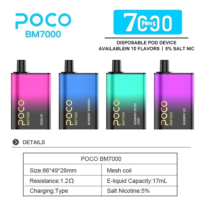 From USA Original 7000 Puffs electronic Cigarette Mesh Coil Poco Bm7000 Disposable/Chargeable Vape Pen Rechargeable 17ml 10 Flavors Device Newest Vapor Pen