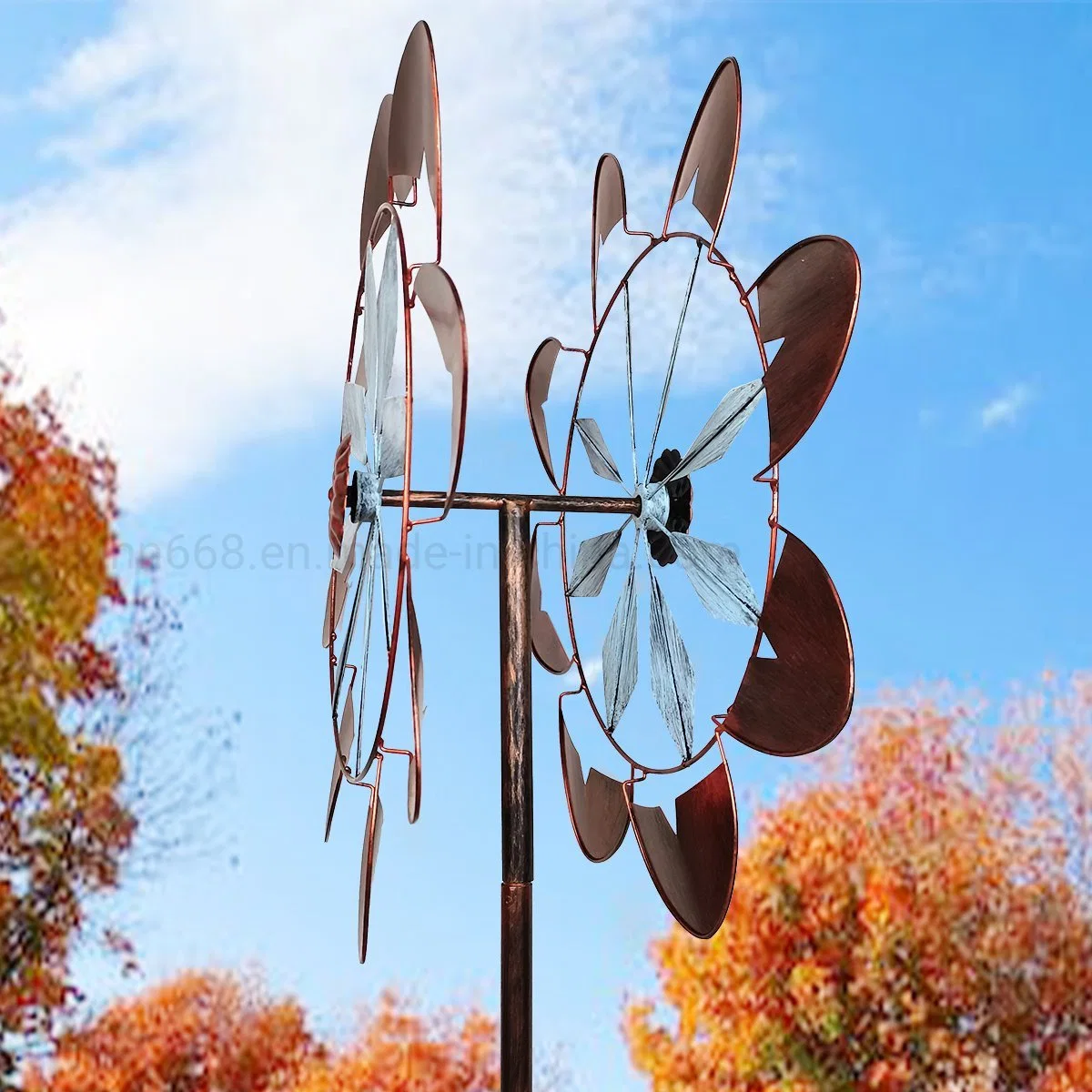 Atemberaubendes Design Eiserne Windmühle Windspinner für die Gartendekoration Mit antiker Kupferpatina in 75 Zoll Höhe