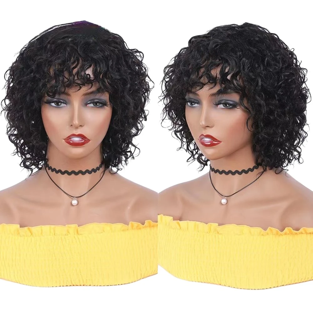 Water Wave Short Bob Wig Natural Black Human Hair with Bangs