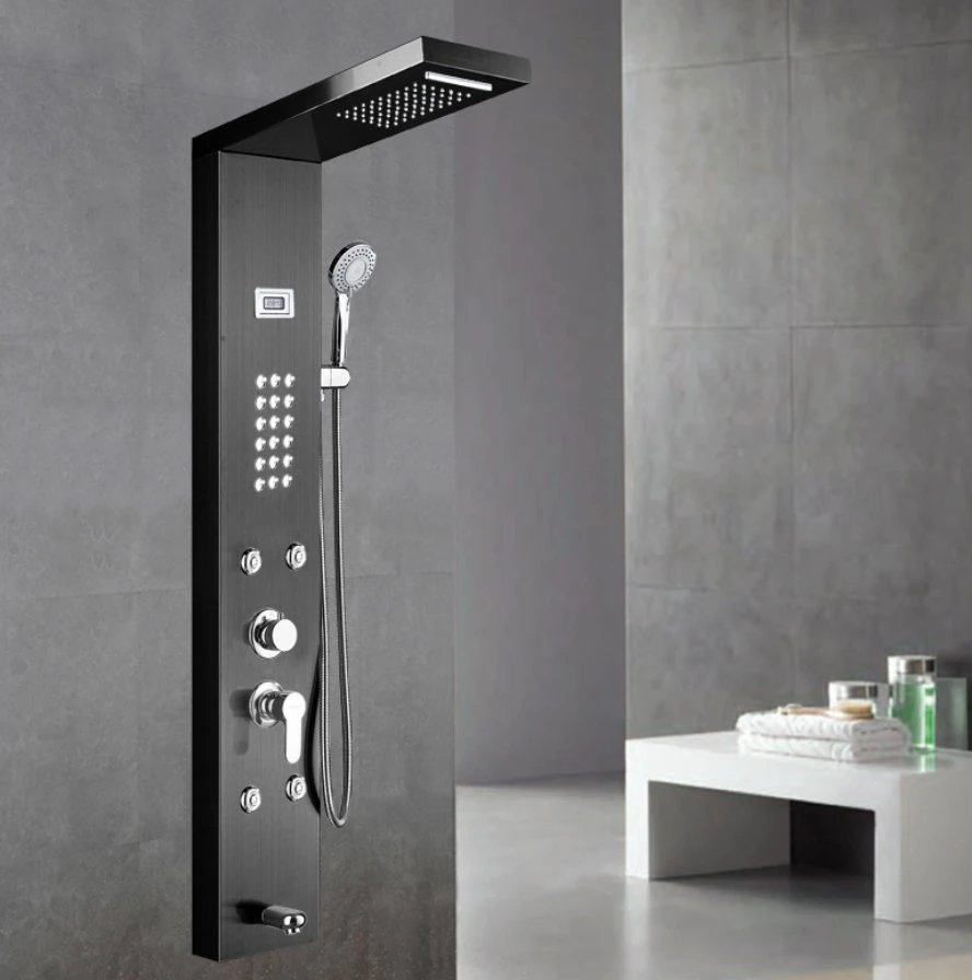 Hot Sale 304 Stainless Steel Temperature Display LED Rainfall Shower Heads Massage Thermostatic Shower Panels