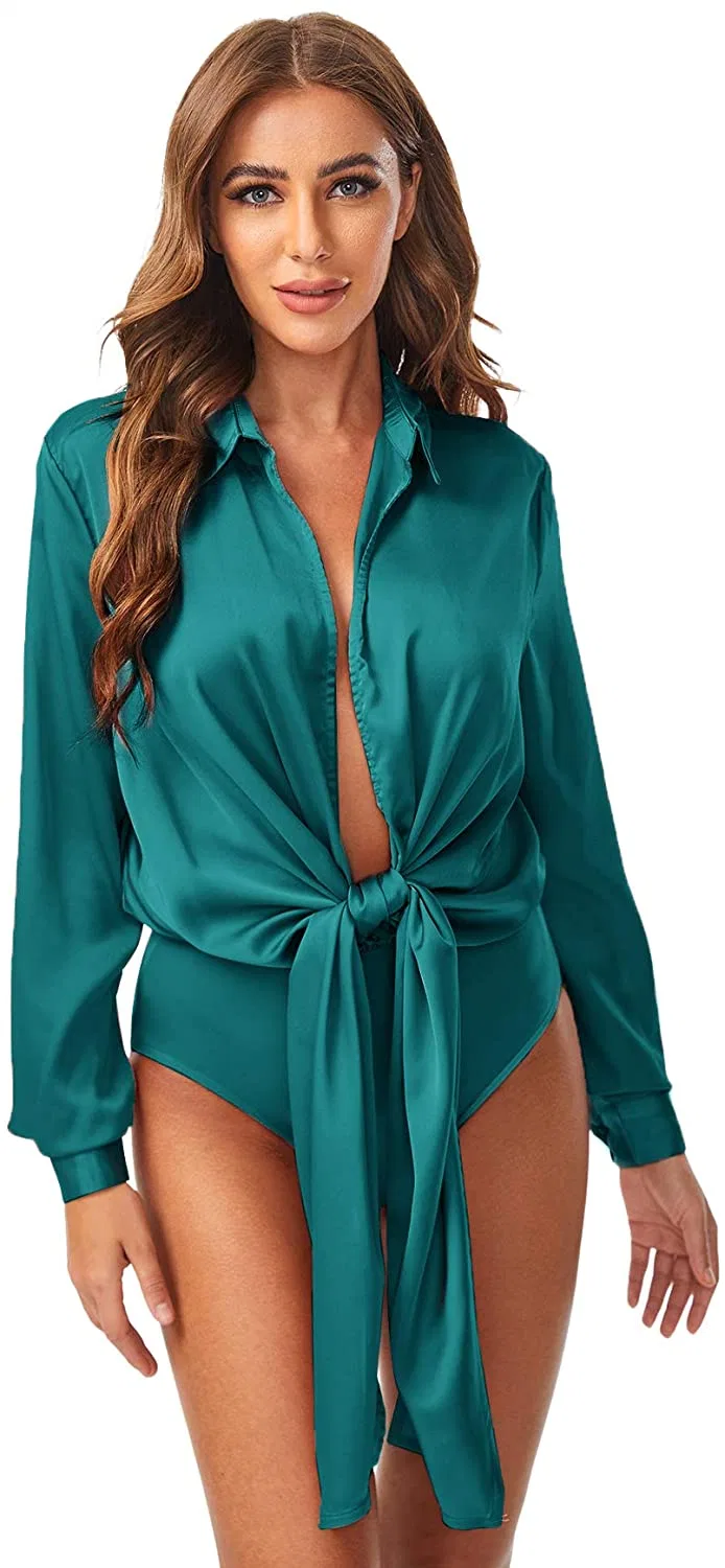 Women Bow Tie Satin Bodysuit Plunging Neck Sexy Long Sleeve Blouse Top Apparel