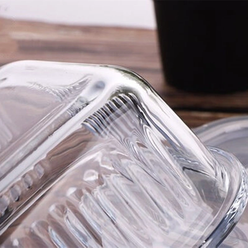 Glass Lunch Box with Embossed Stripe Pattern and Locking Lid