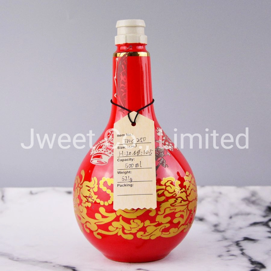 Golden Decal Printing Red Ceramic Empty Liquor Gin Bottle