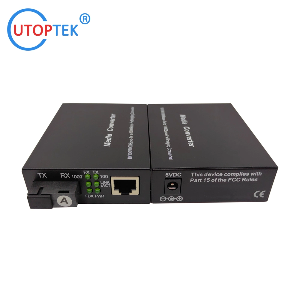 10/100/1000base-T to 1000m-X Fiber to Rj-45 Media Converter Single Mode Bidi Sc 20km DC5V or 12V Power