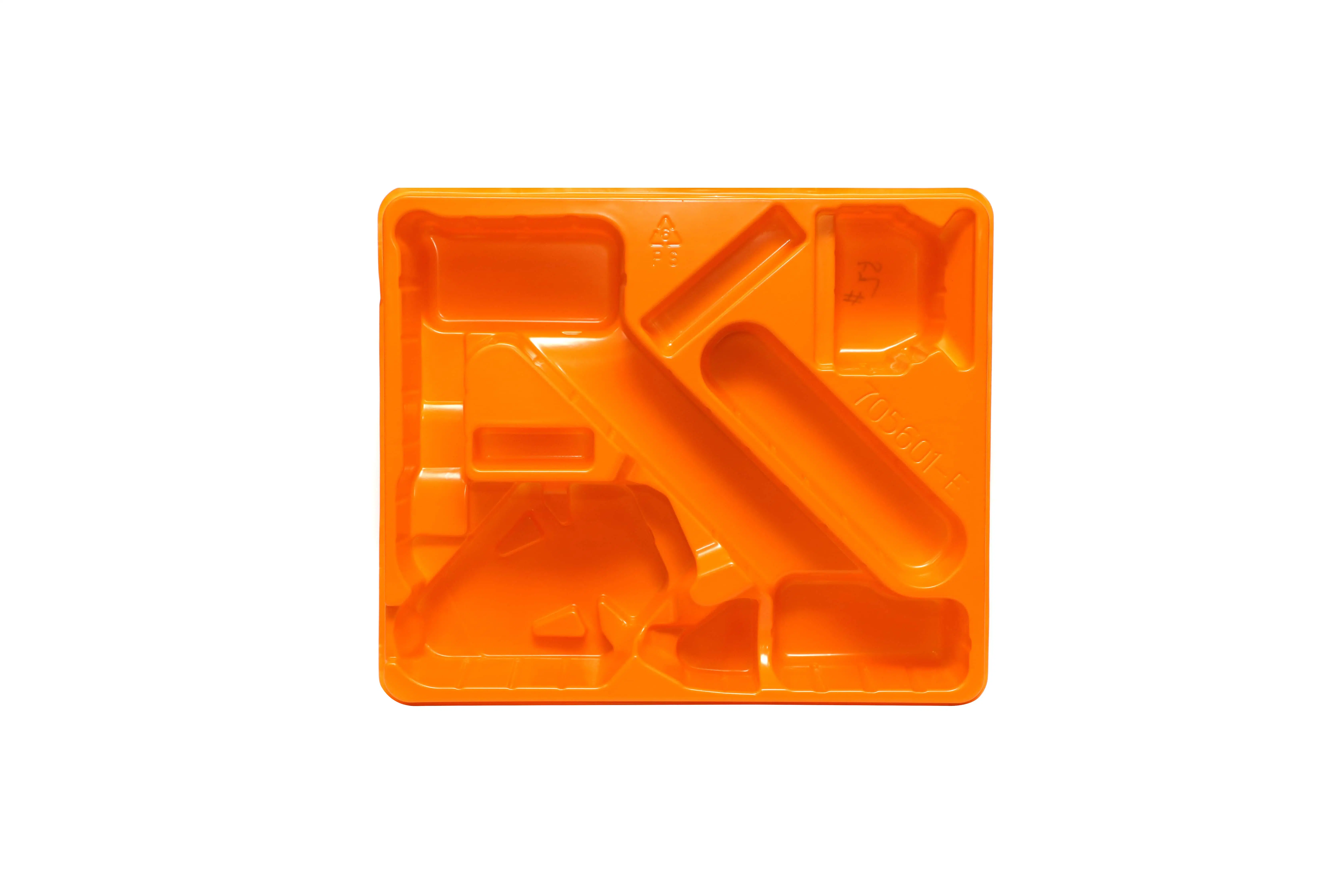 Plateau de thermoformage en plastique orange PS sur mesure pour l'emballage de transport de produits.