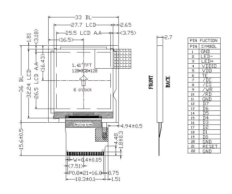 Ronen 1.4 Inch 128X128 Resolution Wide Temperature TFT LCD Display Module Screen for Coffee Machine