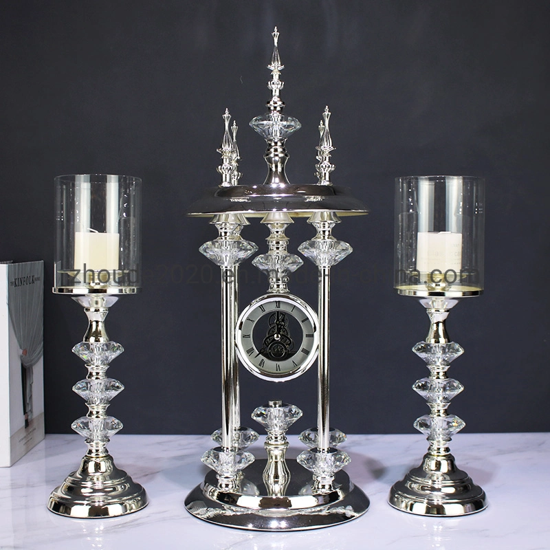 Light Luxury K9 Crystal Pagoda Top Desktop Clock Gold Silver Metal Candle Holder Set for Home Wedding Decor