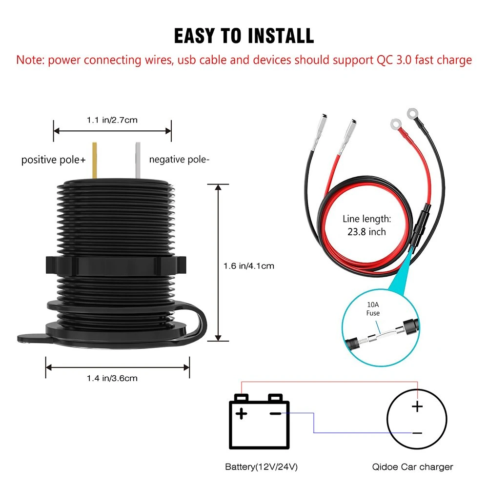 Quick Charge 3.0 USB Charger Socket Dual USB Car Power Outlet Waterproof Marine Cigarette Lighter Adapter 36W Fast Charge with LED Voltmeter