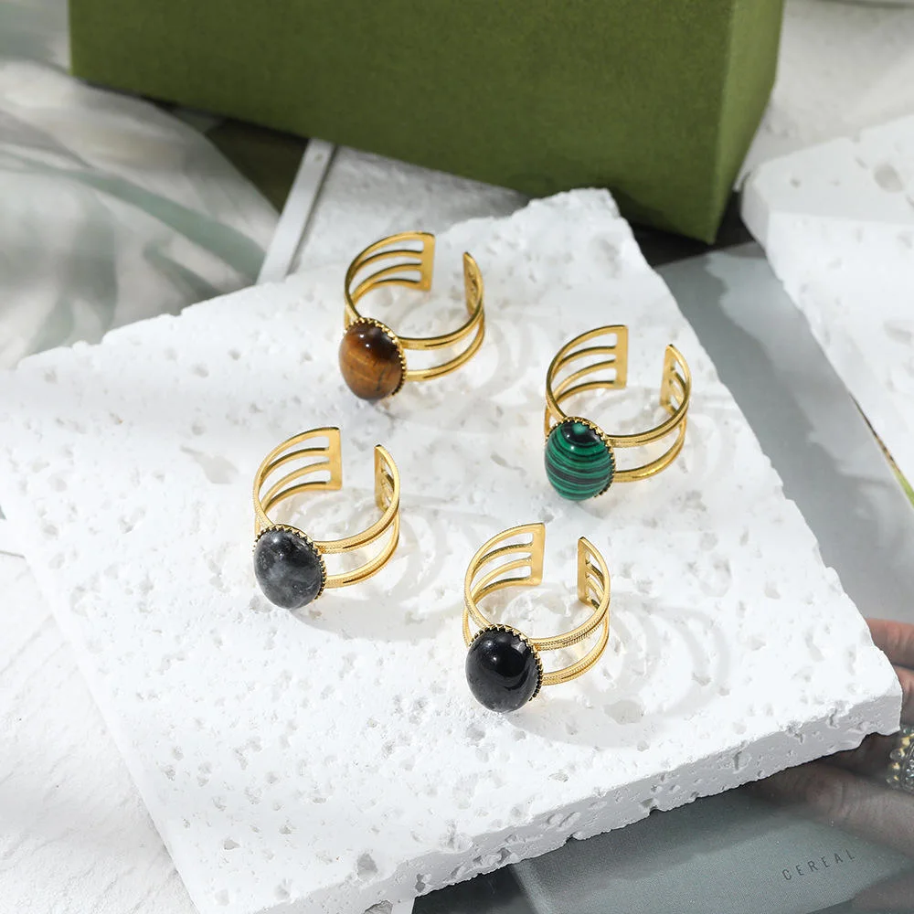 Chapado en oro 18K de acero inoxidable Abrir el anillo de piedras La Piedra Natural anillo ajustable para la Mujer