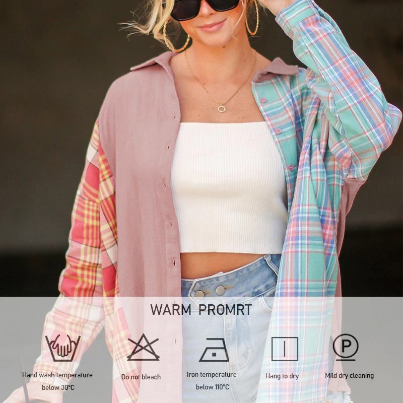 La moda de algodón de alta calidad buenos presagios de blusas de gran tamaño de bloque de color de contraste Plaid Shirt mosaico de la mujer