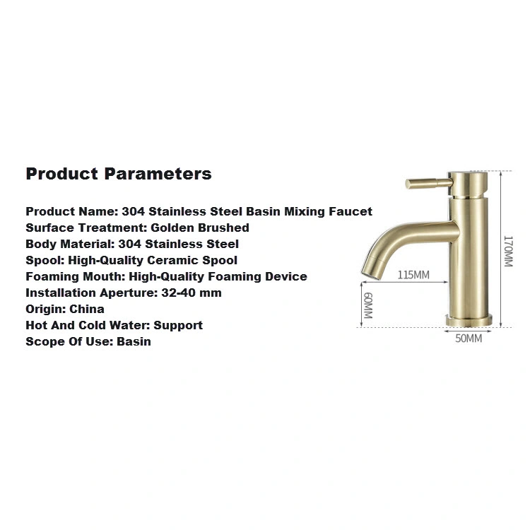 Gold Single Handle Hot and Cold Mixing Stainless Steel Brushed Traditional Cheap Decore Basin Faucet