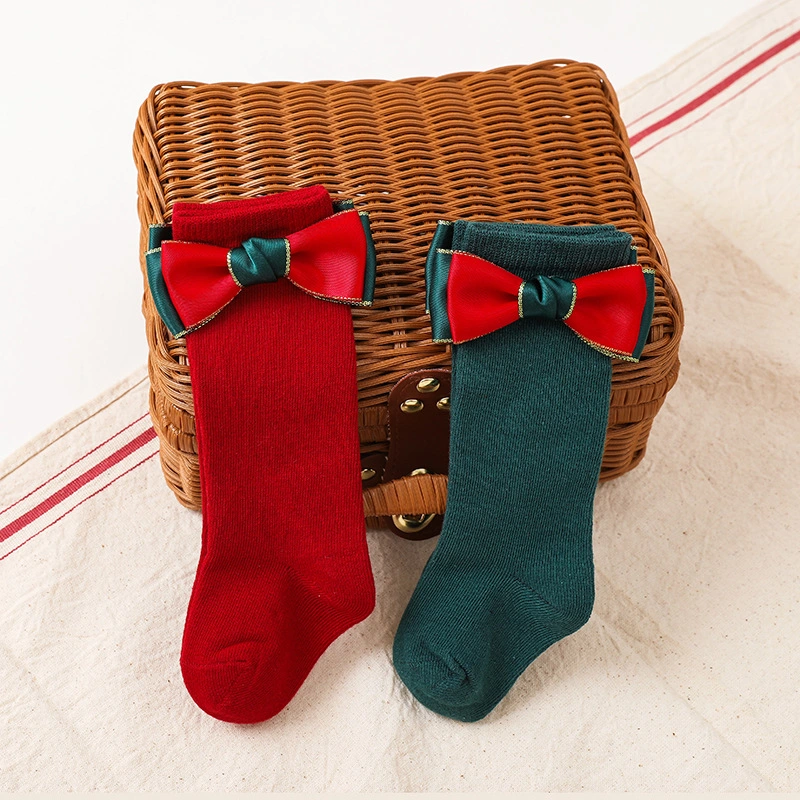 New Baby Christmas Socks Kids Girls Big Bow Red Knee High Long Socks Soft Cotton Children Sock Newborn Gift Socken for 0-5 Years