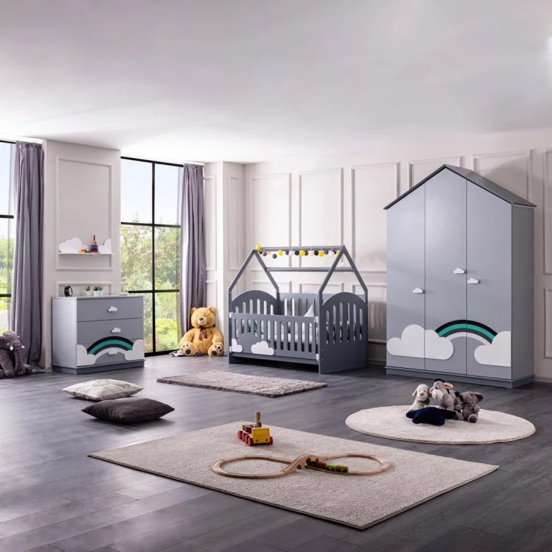 Nova Cloud Pattern Baby Furniture Gray Wooden Baby House Shaped Shaker Bed Children Bed Room Set