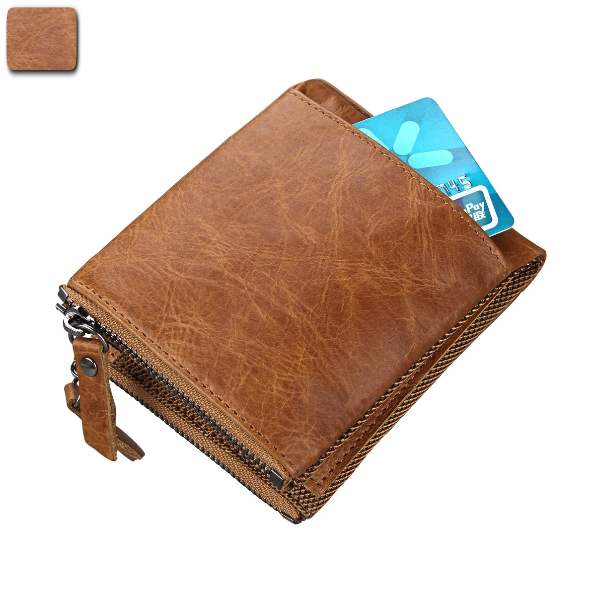 Fashion Cow Leather Wallet for Men RFID Anti-Theft Leather Short Men's Ticket Wallet Double Zipper Coin Purse