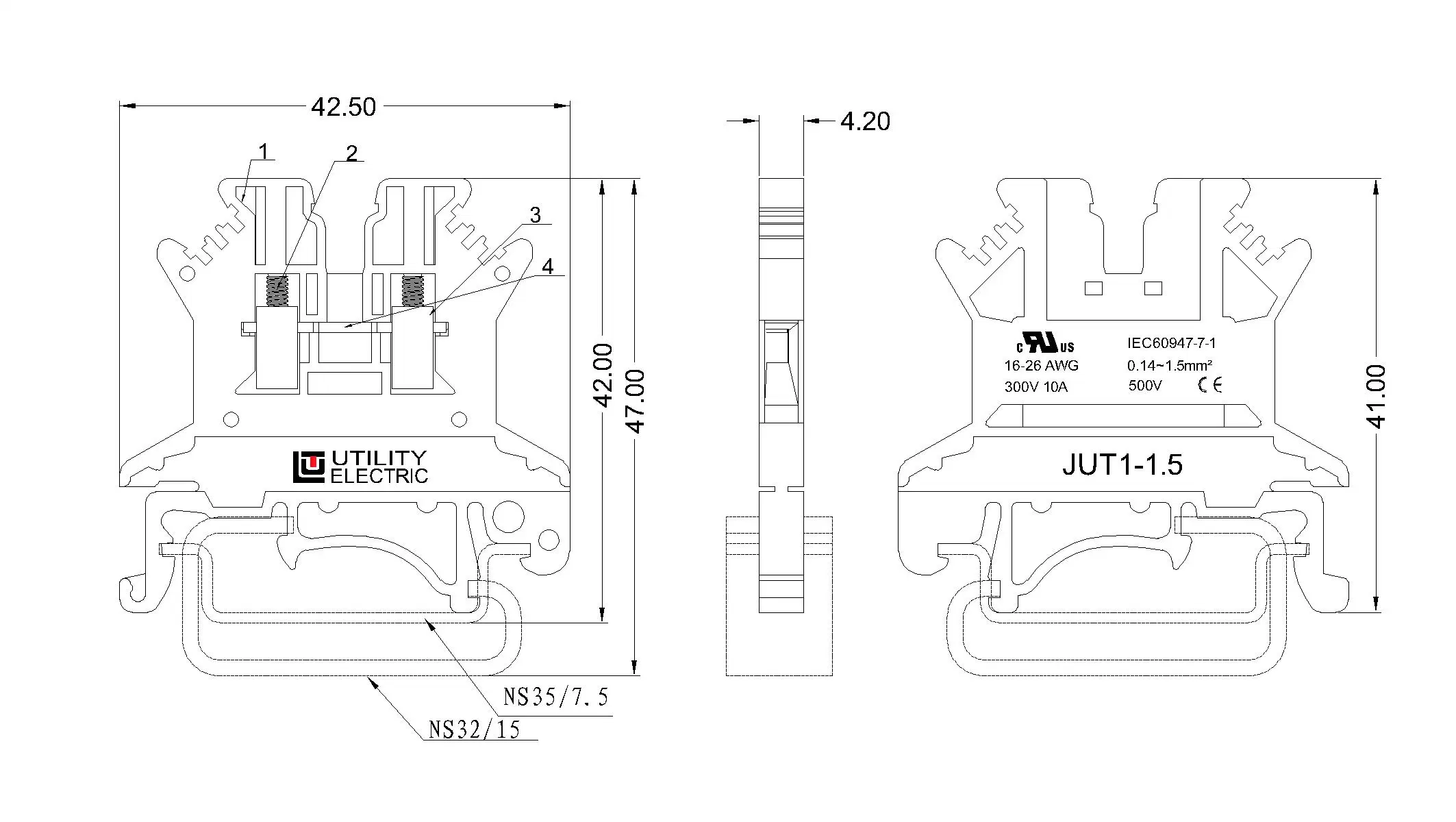 Utl de 1,5 mm2 Electrek Carril DIN Conector del cable de bloques de terminales de tornillo