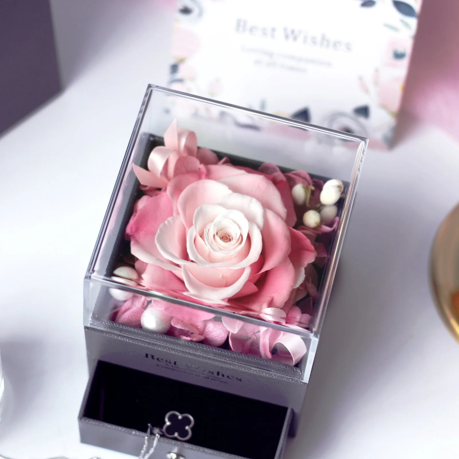 Decoración navideña Rosas preservadas Flores en caja de acrílico Regalos creativos para el Día de San Valentín