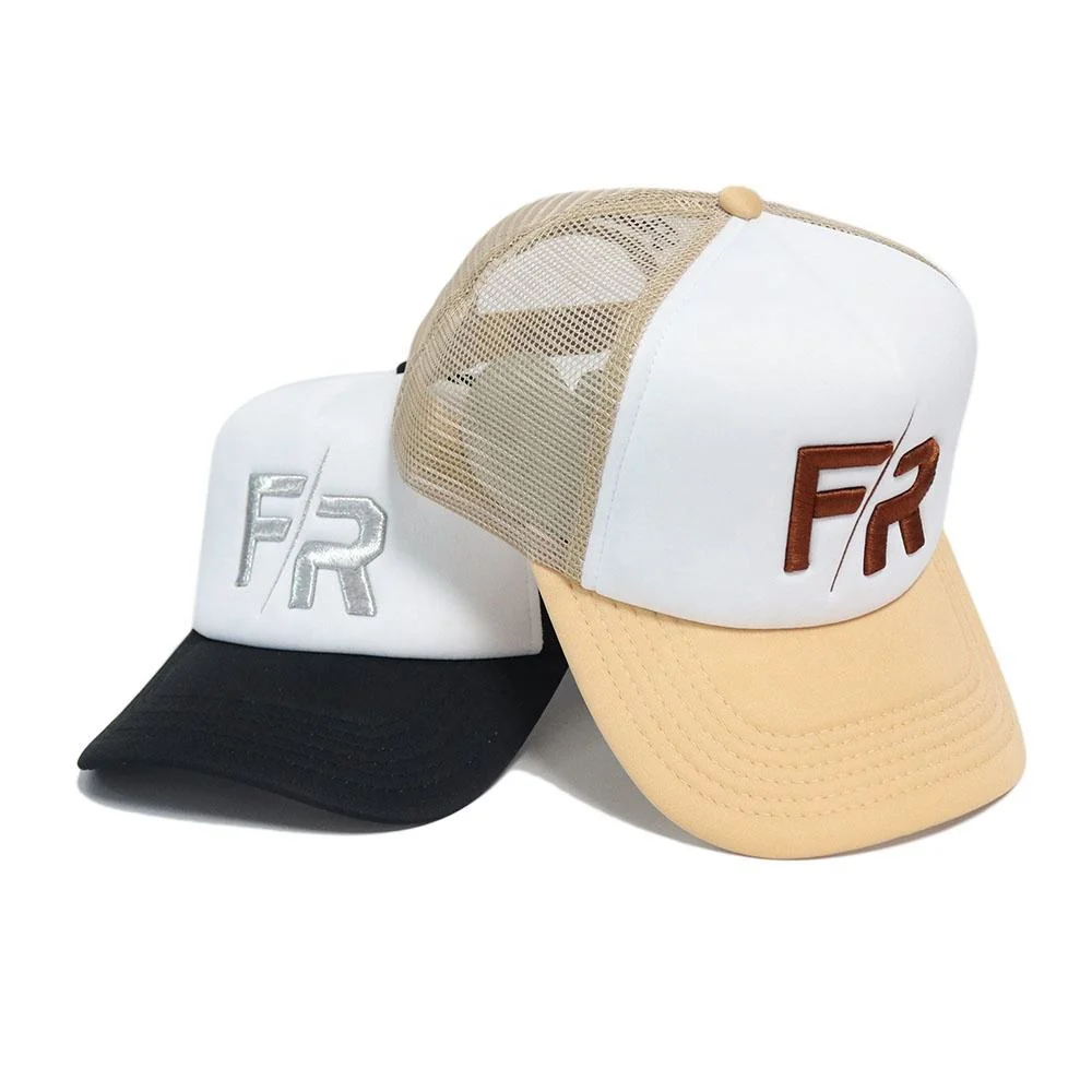 Customized Professional 5 Panel Foam Mesh Caps Metallic Embroidery Logo Mesh Back Trucker Caps