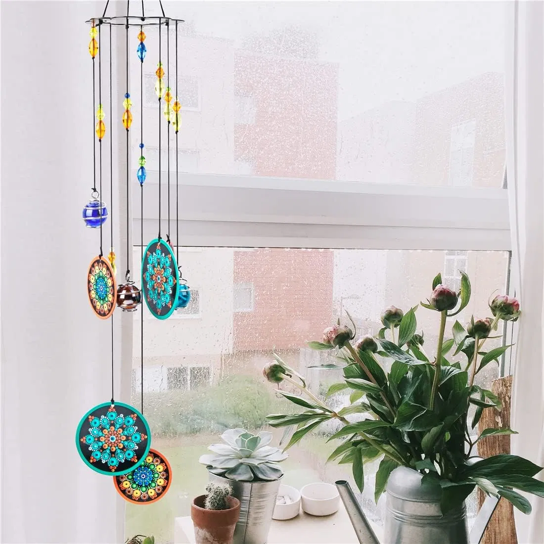 Home Gift Flower Wind Chimes Outdoors with Colorful Glass Beads Deep Tone Memorial Sympathy Window Garden Hanging Windchimes for Outside