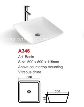 Ceramic Wash Basin (No. A346) Square Art Basin Above Countertop Mounting 500mm