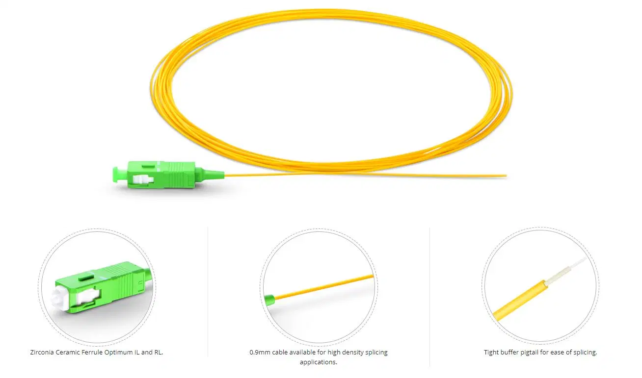 LC/APC Sc/APC Standard 0.9mm Single Cord Simplex Buffered Fiber Pigtail OS2 for Patch Panels, Wall Boxes