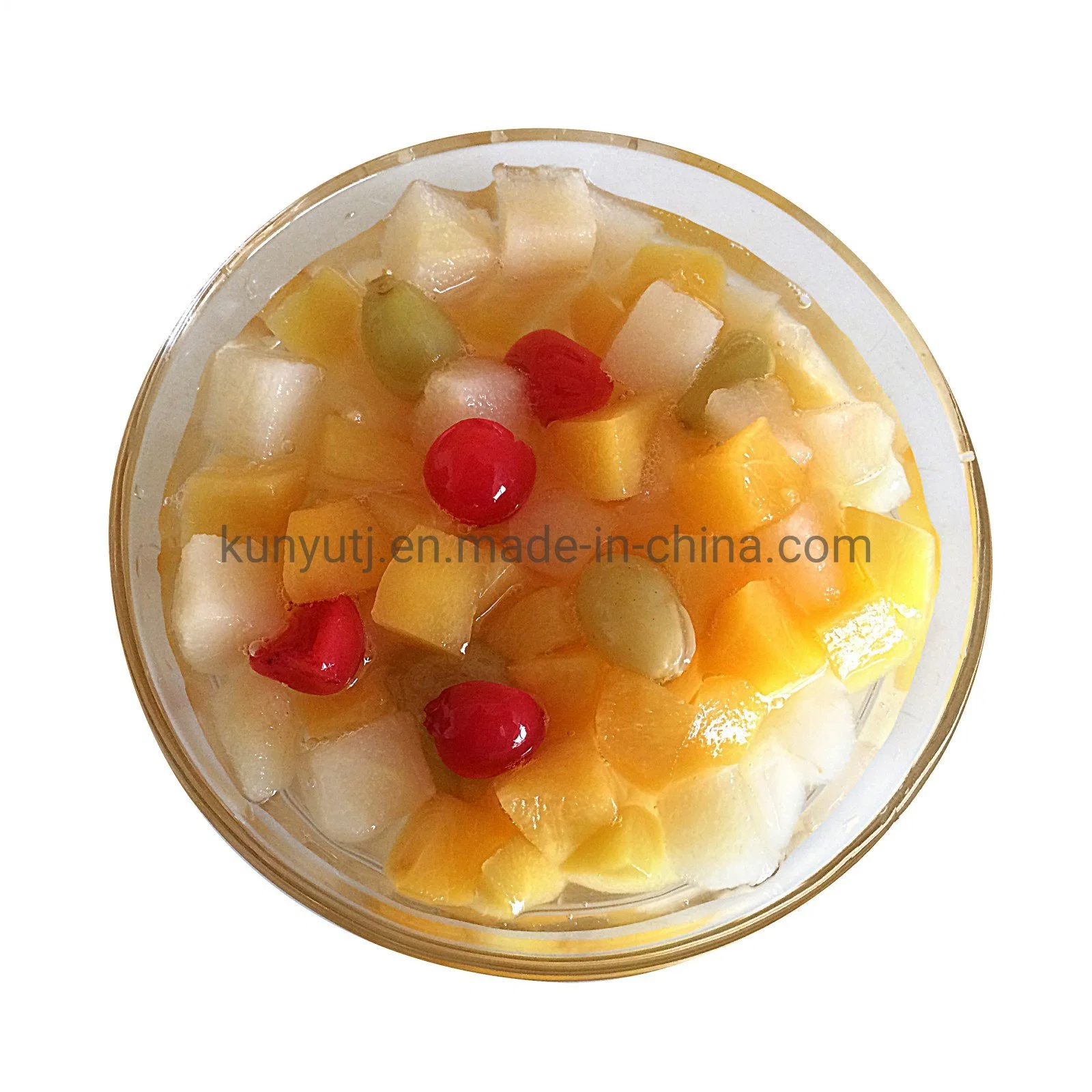 Conservas de Frutas frescas las conservas de cóctel con amarillo el melocotón, pera, piña, uva, cerezo