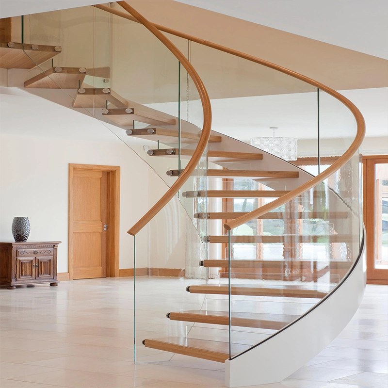 Factory Sale Steel Beam Wooden Curved Staircase with Glass Railing Indoor