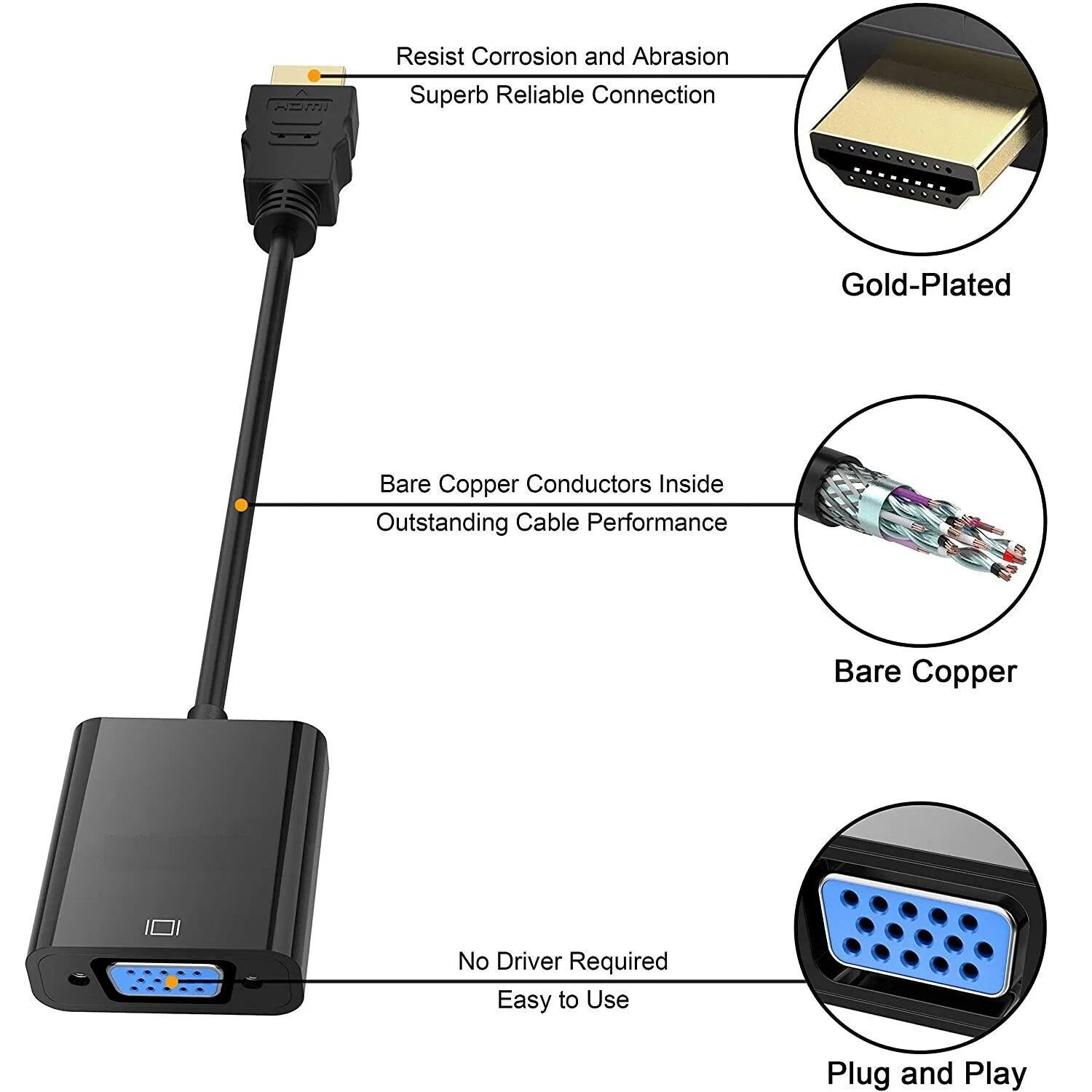 HD to VGA Adapter Video Cable Cord Converter 1080P for TV Monitor Computer PC