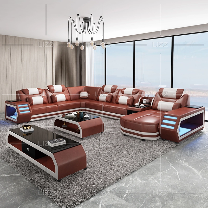 Promotion Event Functional Home Furniture Sectional LED Genuine Leather L Shape Sofa Furniture with Coffee Table