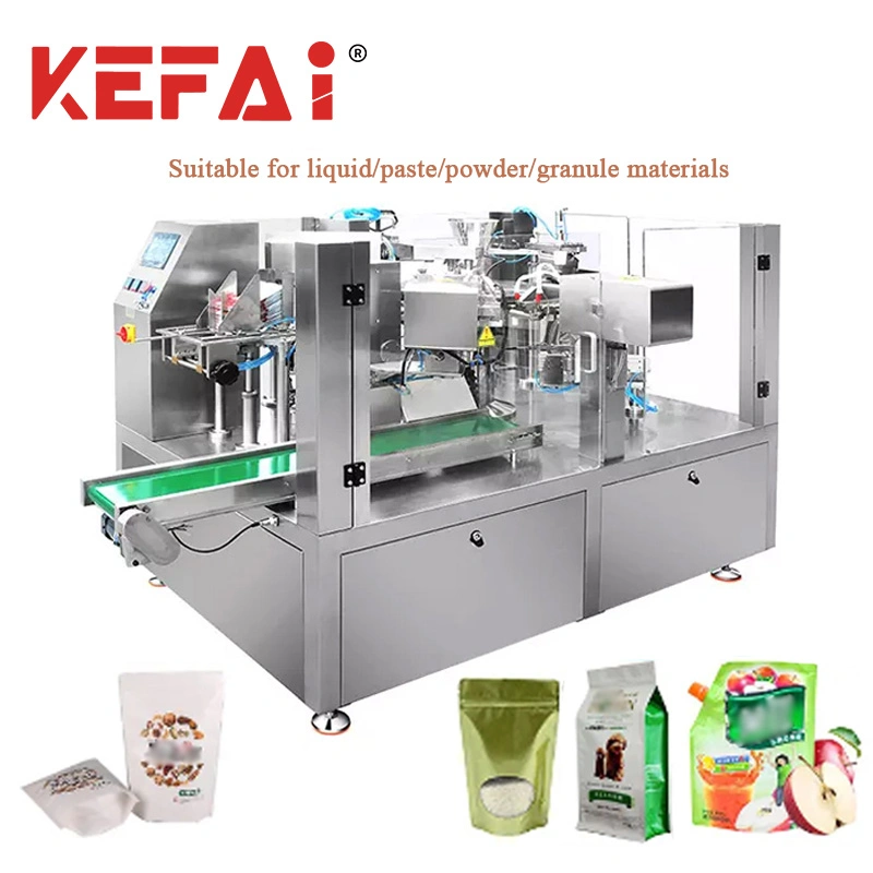Kefai Automatic Rotary Packaging Given Plastic Premade Spout Pouch Zipper Gusset Bag Stand up Bags Doypack Packing Machine for Powder Granule Paste Liquid