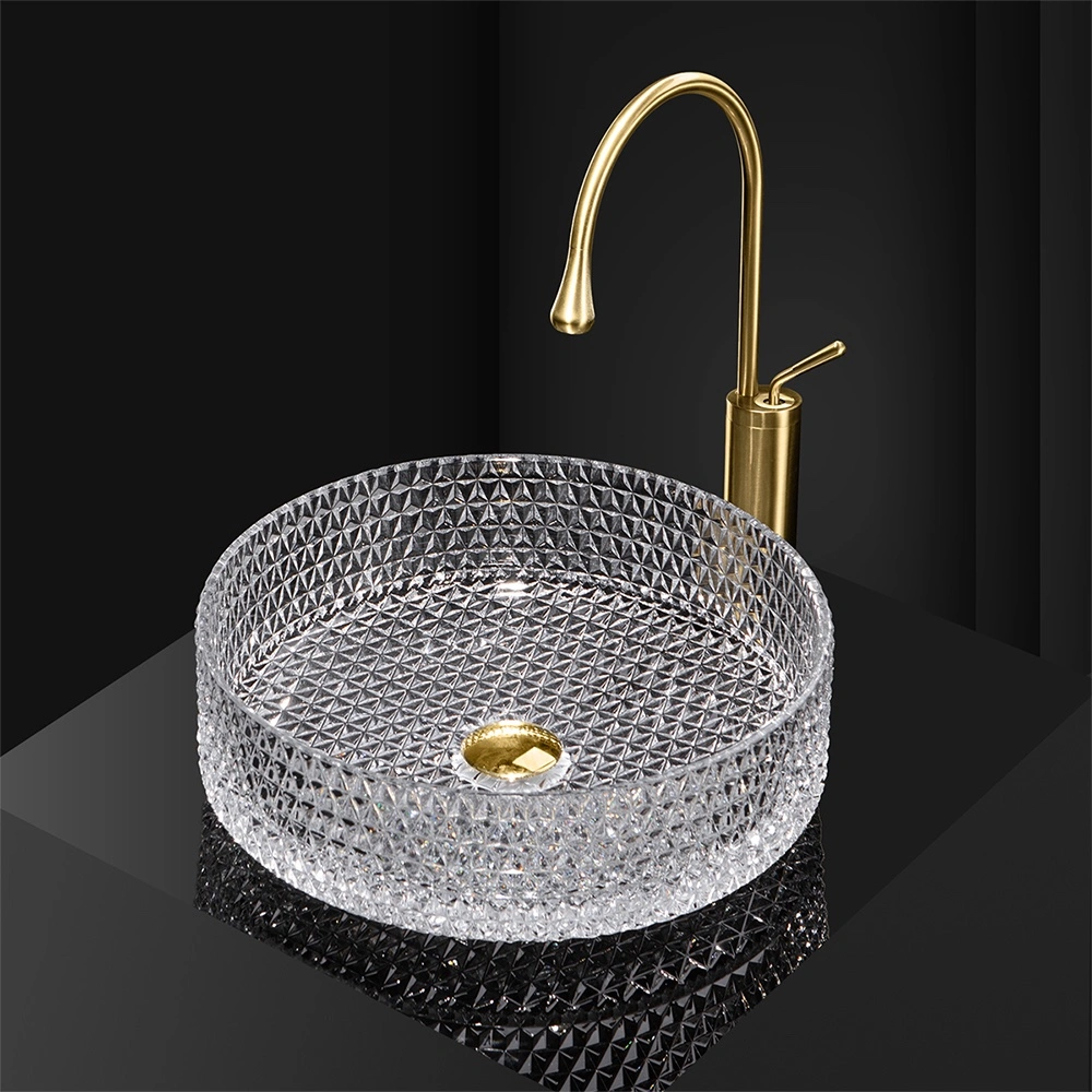 Transparente tazón de vidrio de cristal, lavabo negro para baño.