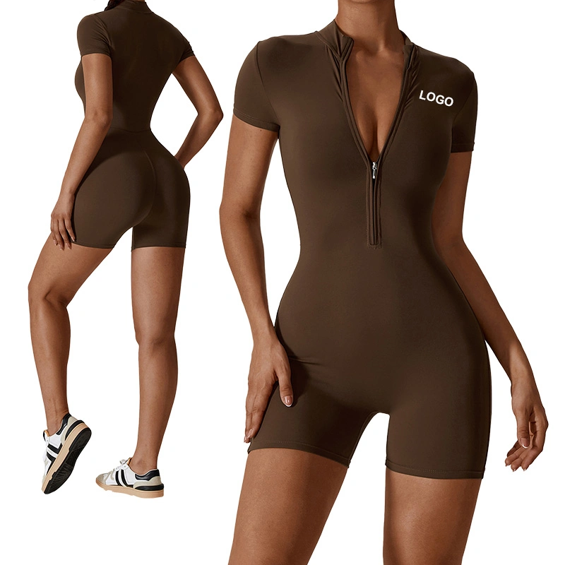 Summer Women's Beach Wear One Piece Short Sleeves Zipper Front Shorts Tummy Control Gym Sports Wear Sports Jumpsuit Swimwear