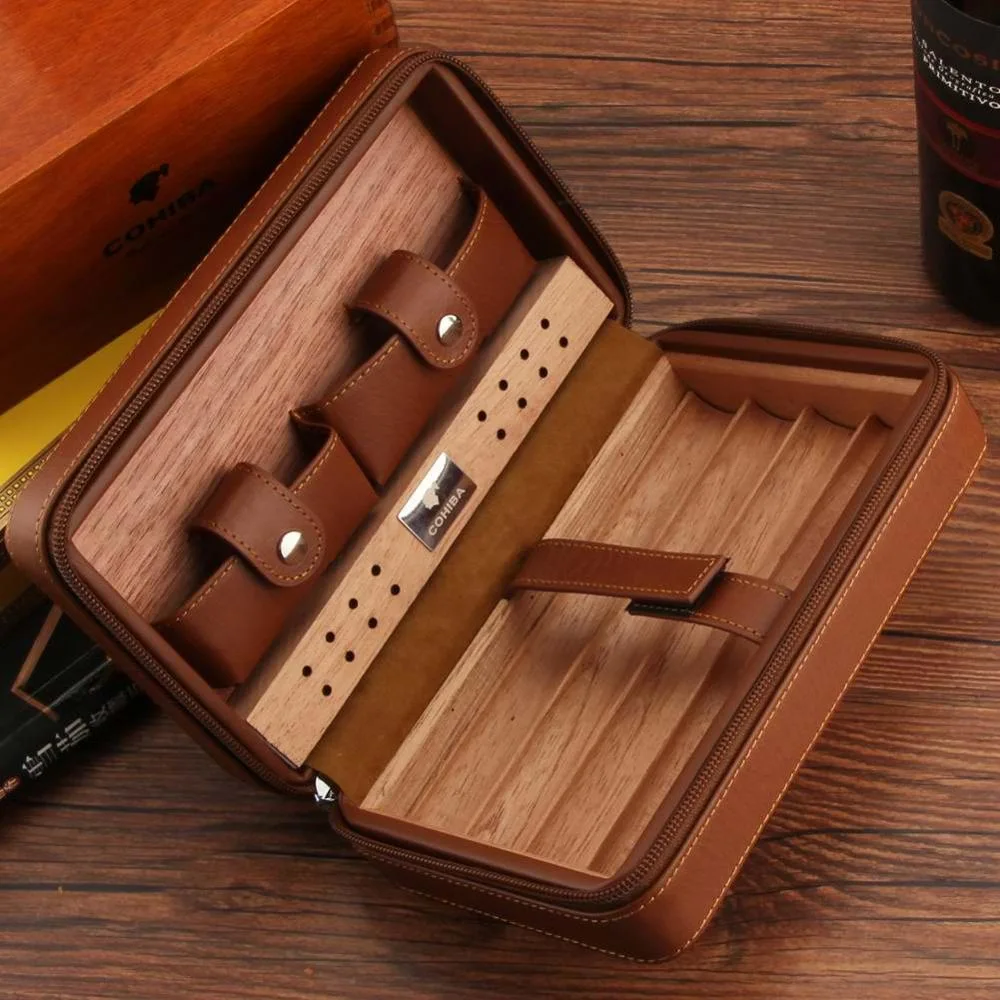 Portable Cedar Wood Cigar Humidor Box Leather Wrap Travel Cigar Cigarette Case Storage 4 Cigars Box Humidor Humidifier Cigar Storage Cigar Case Cigar Humidor