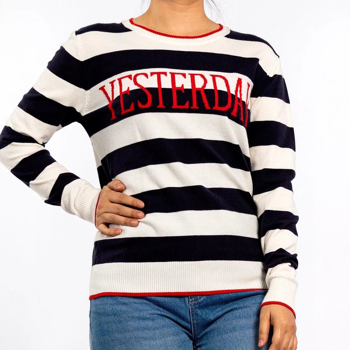 Women's Round Neck Embroidered Letters Logo Long Sleeve Pullover Knit Top Striped Sweater